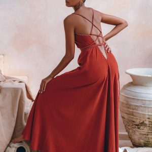 Red Boho Bridesmaid Dress Minimalist Bohemian Adjustable Maxi