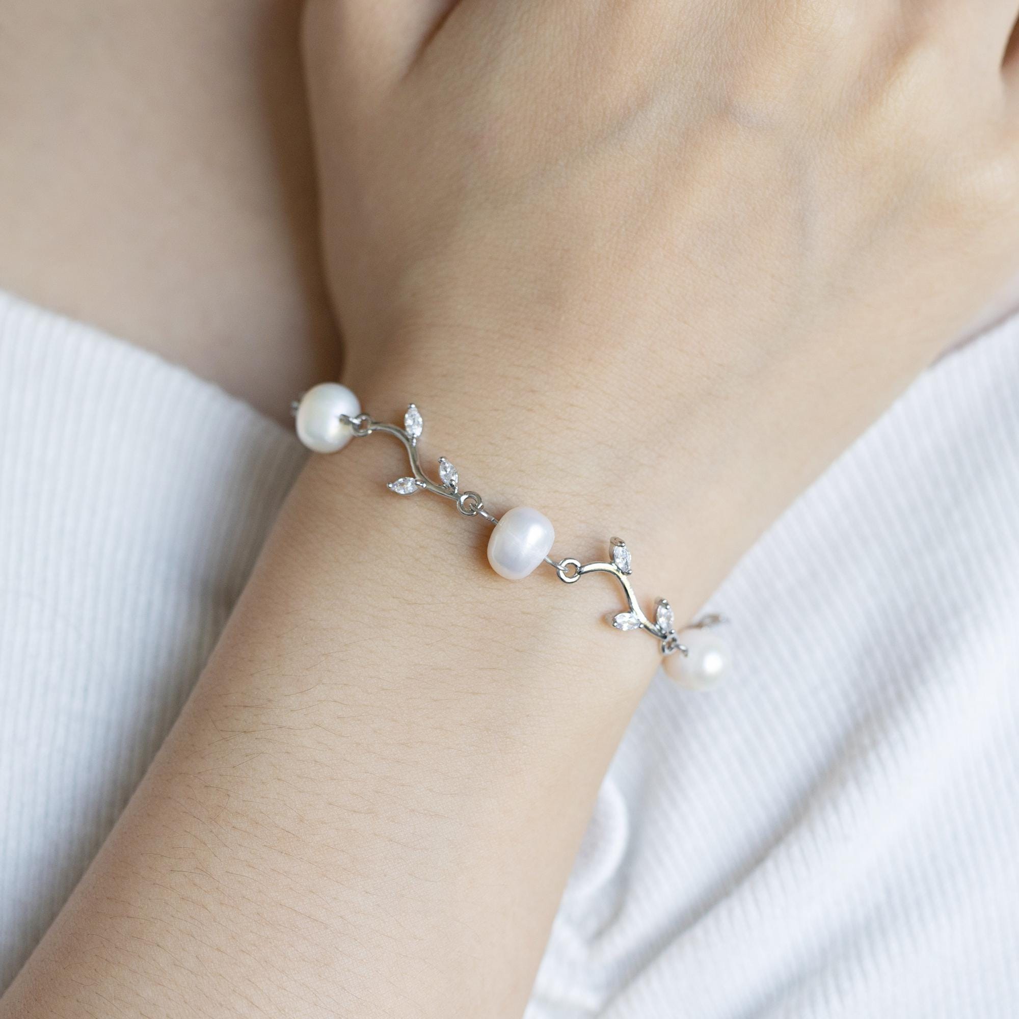 Diamond Leaf Pearl Bracelet Real Freshwater Jewelry Bridal Diamond Leaf Pearl Bracelet Real Freshwater Jewelry Bridal