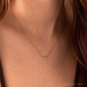 Tiny Double Heart Necklace 14k Gold Pave Minimalist