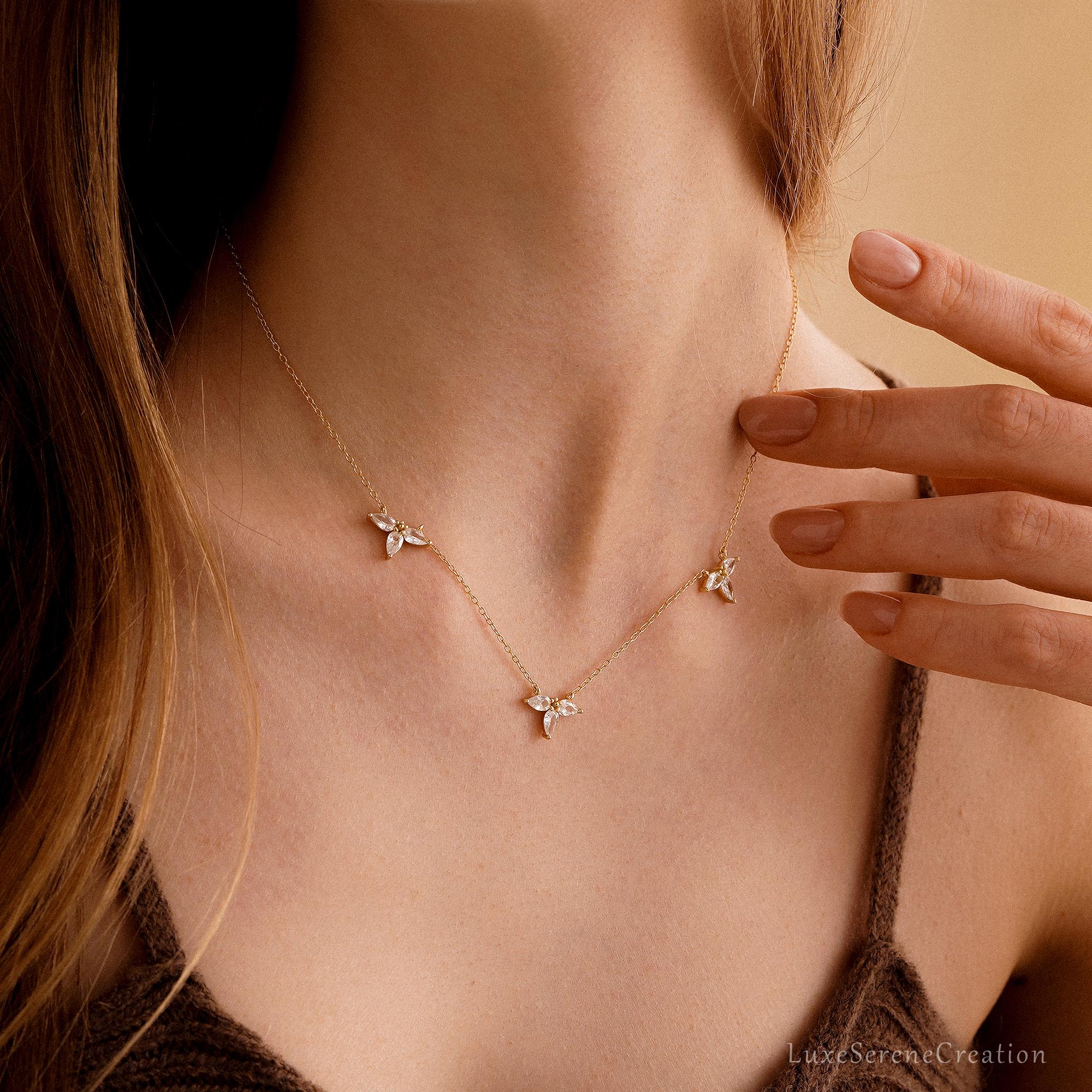 Marquise Flower Crystal Necklace Three Cz Diamond Bridesmaid Marquise Flower Crystal Necklace Three Cz Diamond Bridesmaid