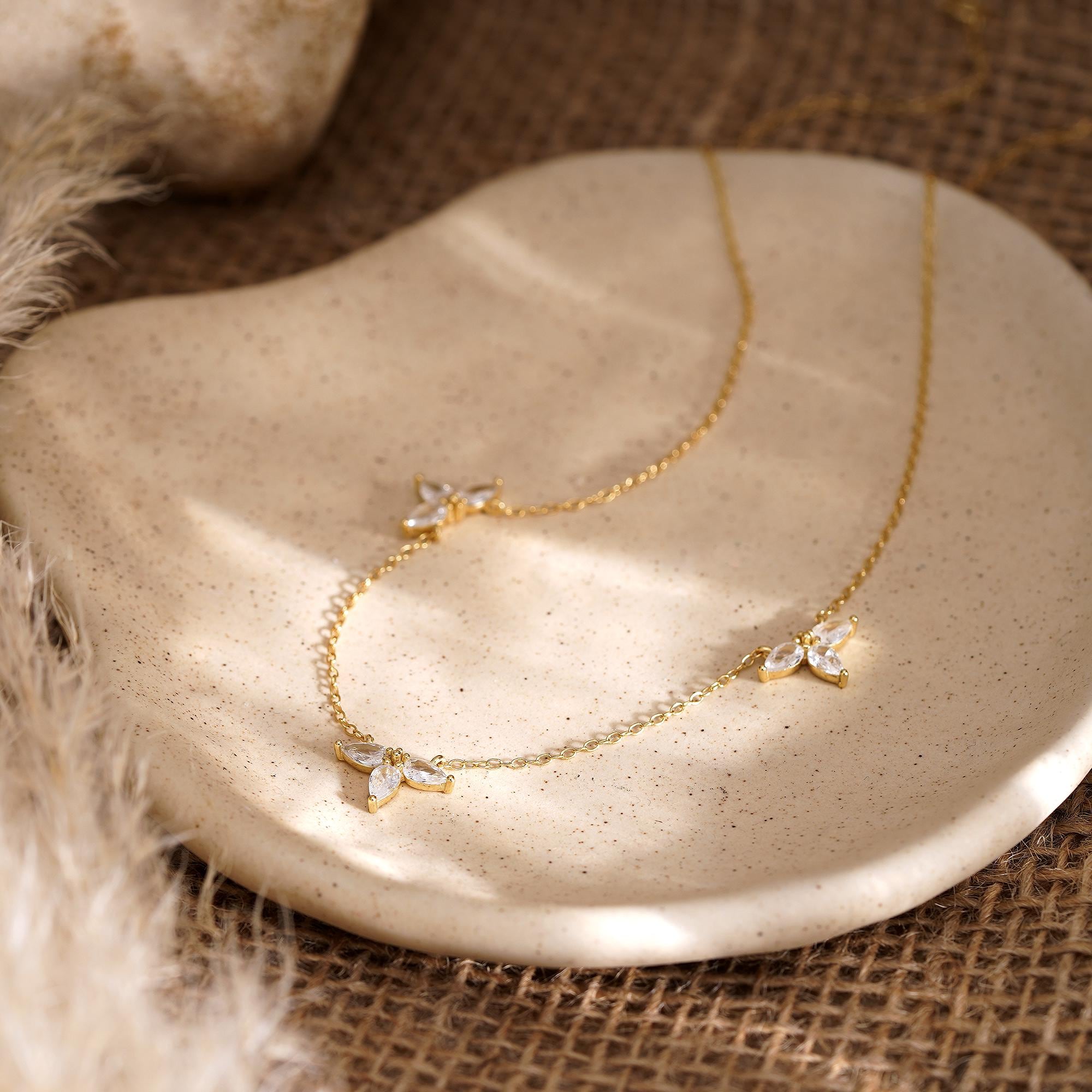 Marquise Flower Crystal Necklace Three Cz Diamond Bridesmaid Marquise Flower Crystal Necklace Three Cz Diamond Bridesmaid