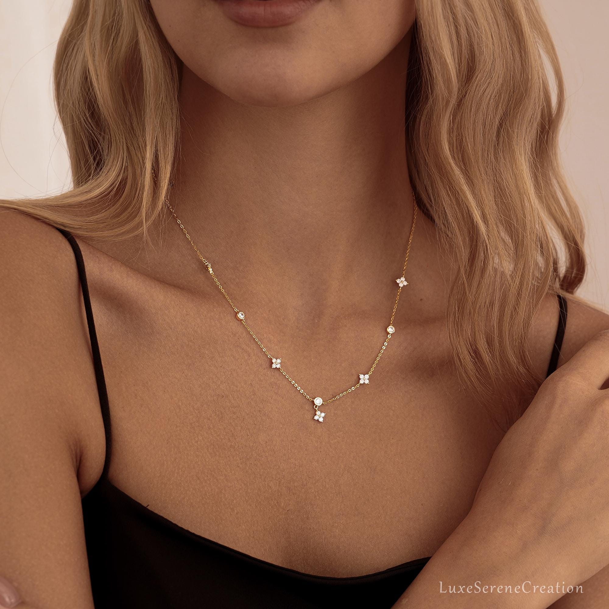 Crystal Flowers Necklace Sterling Silver Marquise Diamond Dangle Crystal Flowers Necklace Sterling Silver Marquise Diamond Dangle